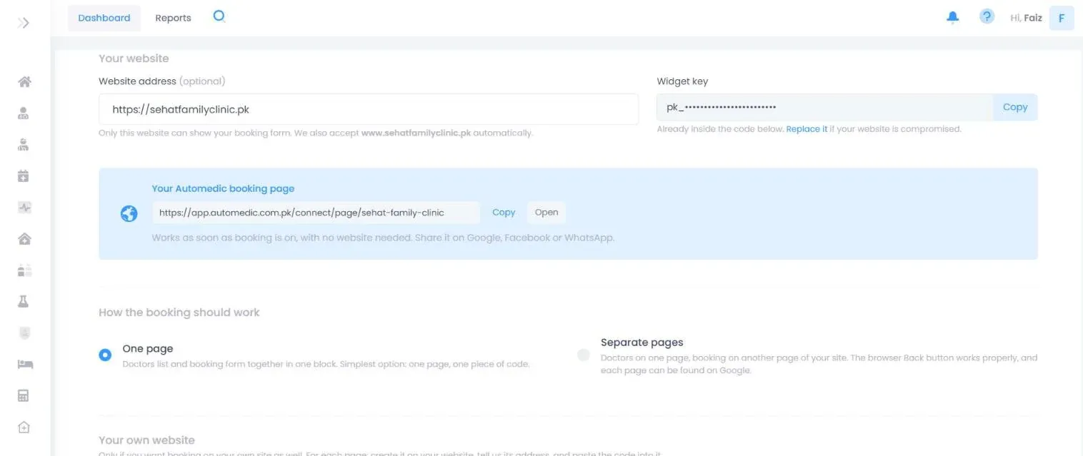 Booking settings in Automedic for a free clinic website in Pakistan, with the booking page link and website setup options