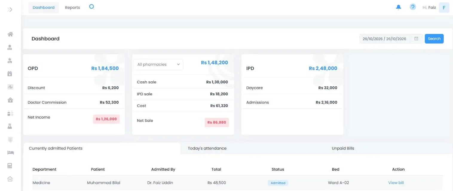 Automedic Dashboard screen: OPD, pharmacy and IPD income for any date range, with admitted patients, today's attendance and unpaid bills underneath.