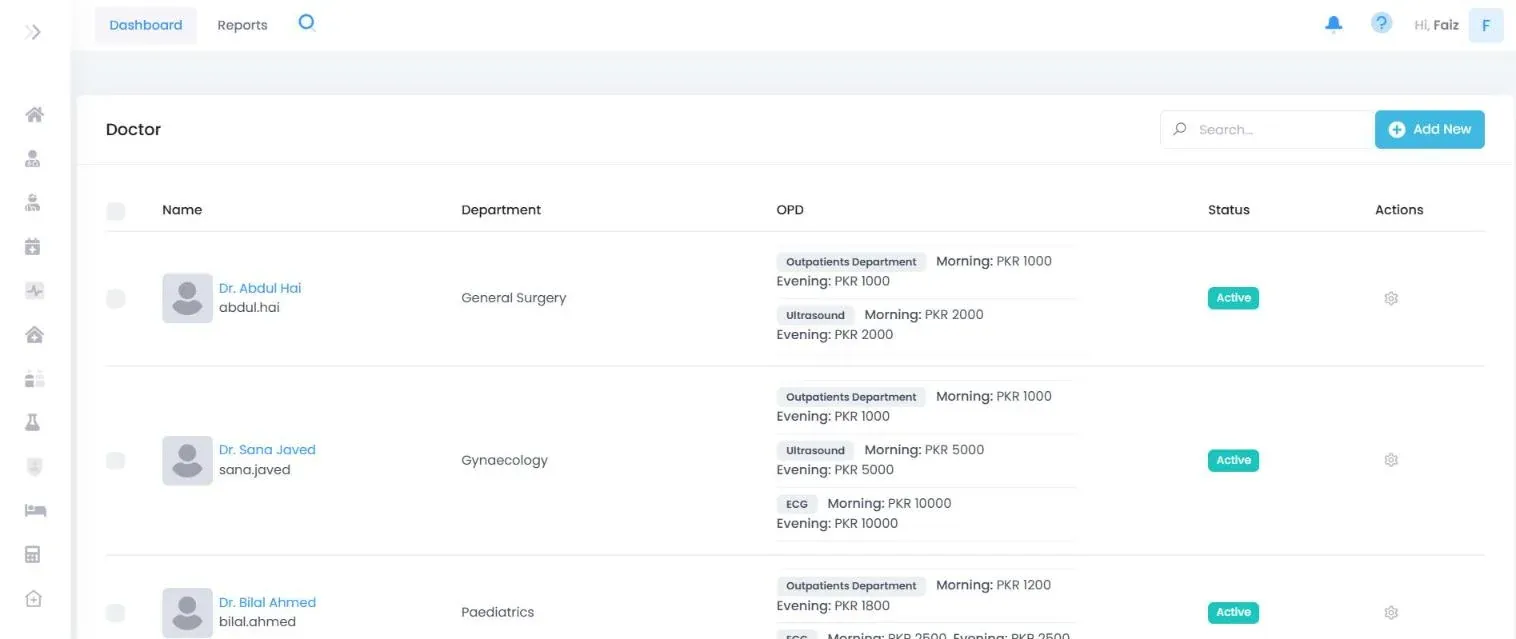 Automedic Doctors &amp; OPD screen: Every doctor's OPD, ultrasound and ECG fees, set separately for morning and evening shifts.