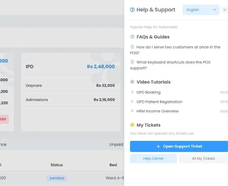 Automedic help and support panel with guides, video tutorials and support tickets