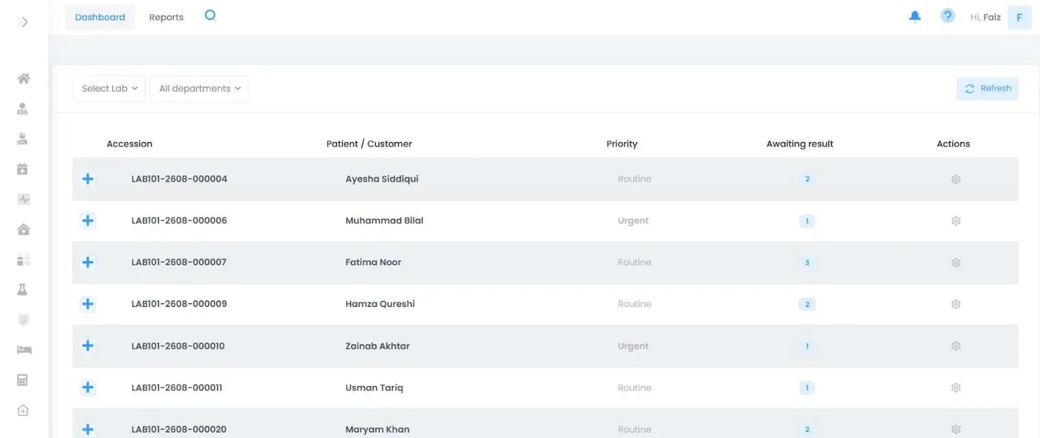 Automedic Result entry screen: The bench sees each accession, its priority and how many results are still awaited.