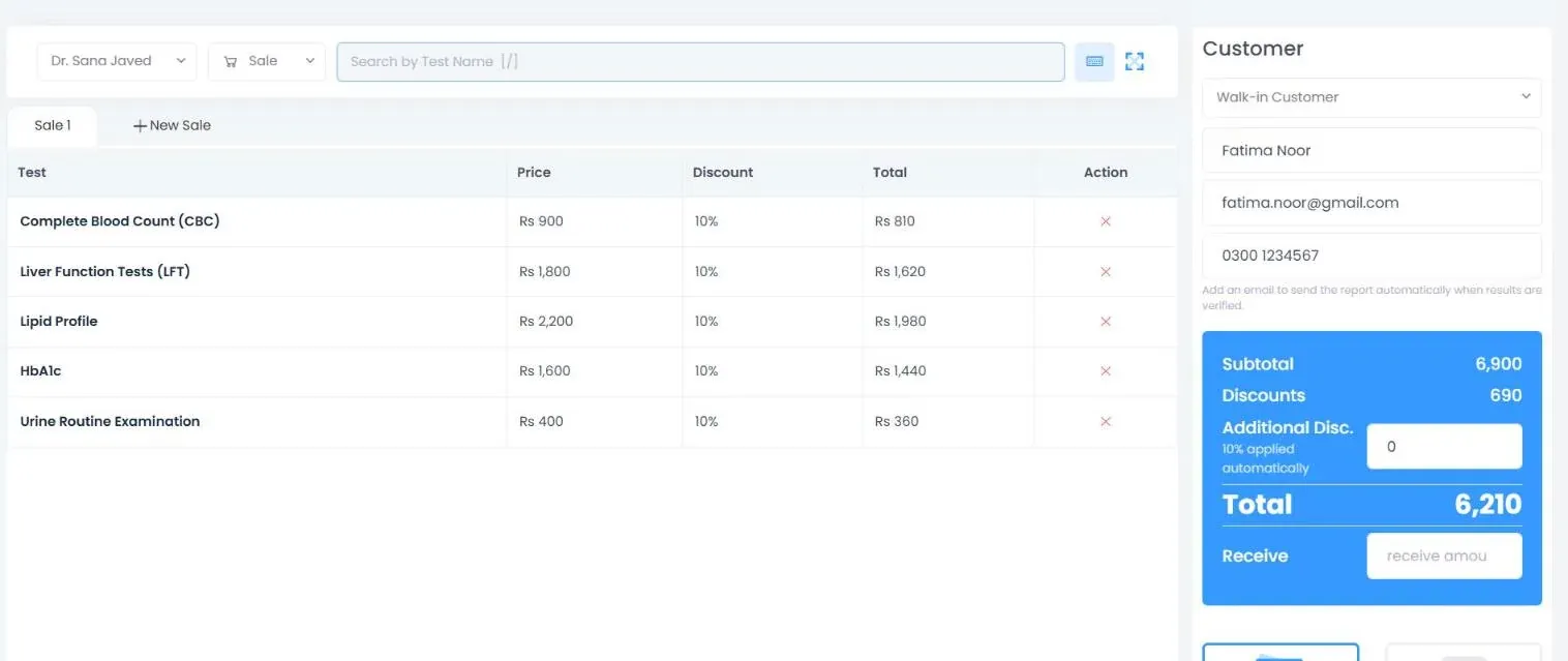 Automedic Lab counter screen: Lab POS with referring doctor, automatic discount, and the report emailed to the patient once results are verified.
